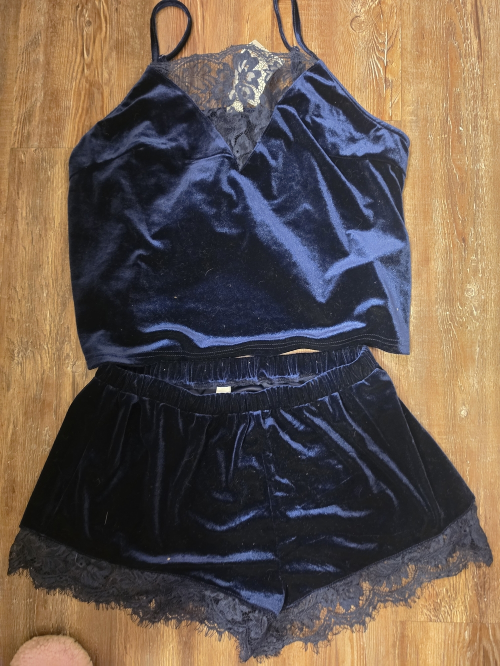Source Unknown Velvet Lace-Trim Cami & Shorts Set - Navy Blue